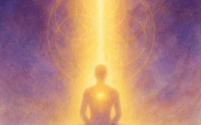 gold-violet watercolor hero . column of light descending — meditating silhouette of higher self embodiment - Amplify Your Light