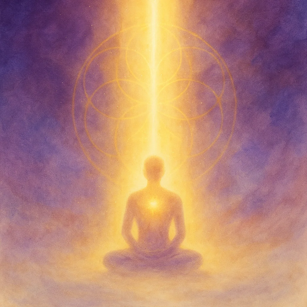 gold-violet watercolor hero — column of light descending — meditating silhouette — higher self embodiment — Amplify Your Light