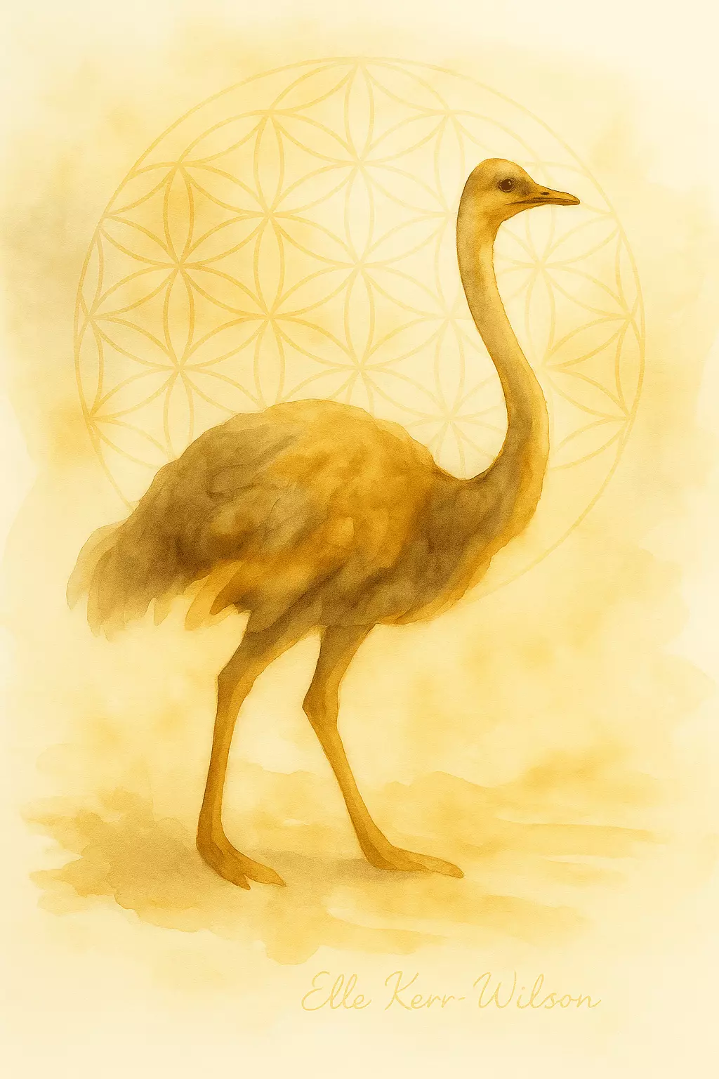 Watercolor painting of an ostrich in warm golden light, honoring the ostriches of Canada whose story helped awaken a global movement of love.