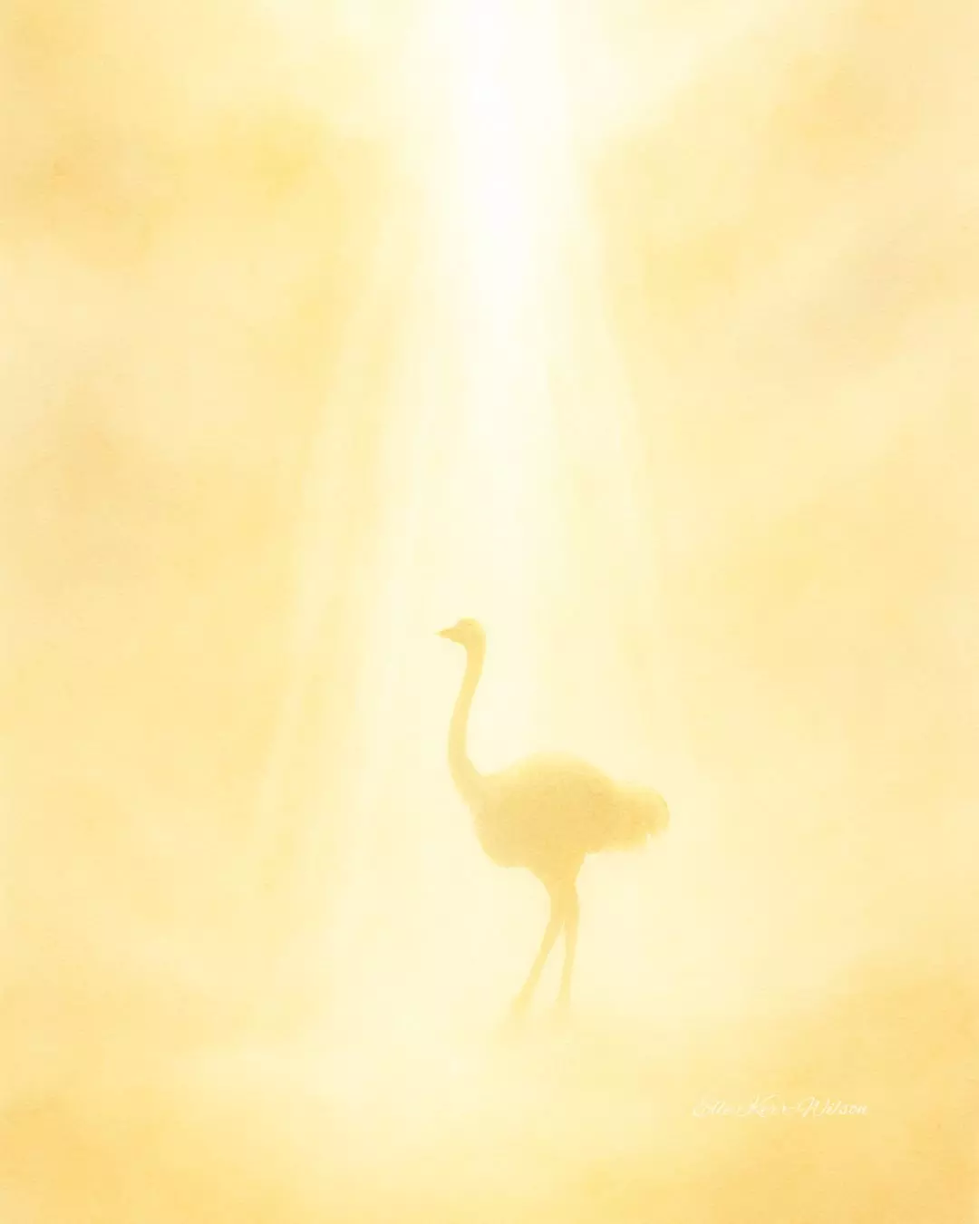 oft golden watercolor scene with an ostrich’s faint silhouette rising into a white beam of light, symbolizing peace, tenderness, and release.