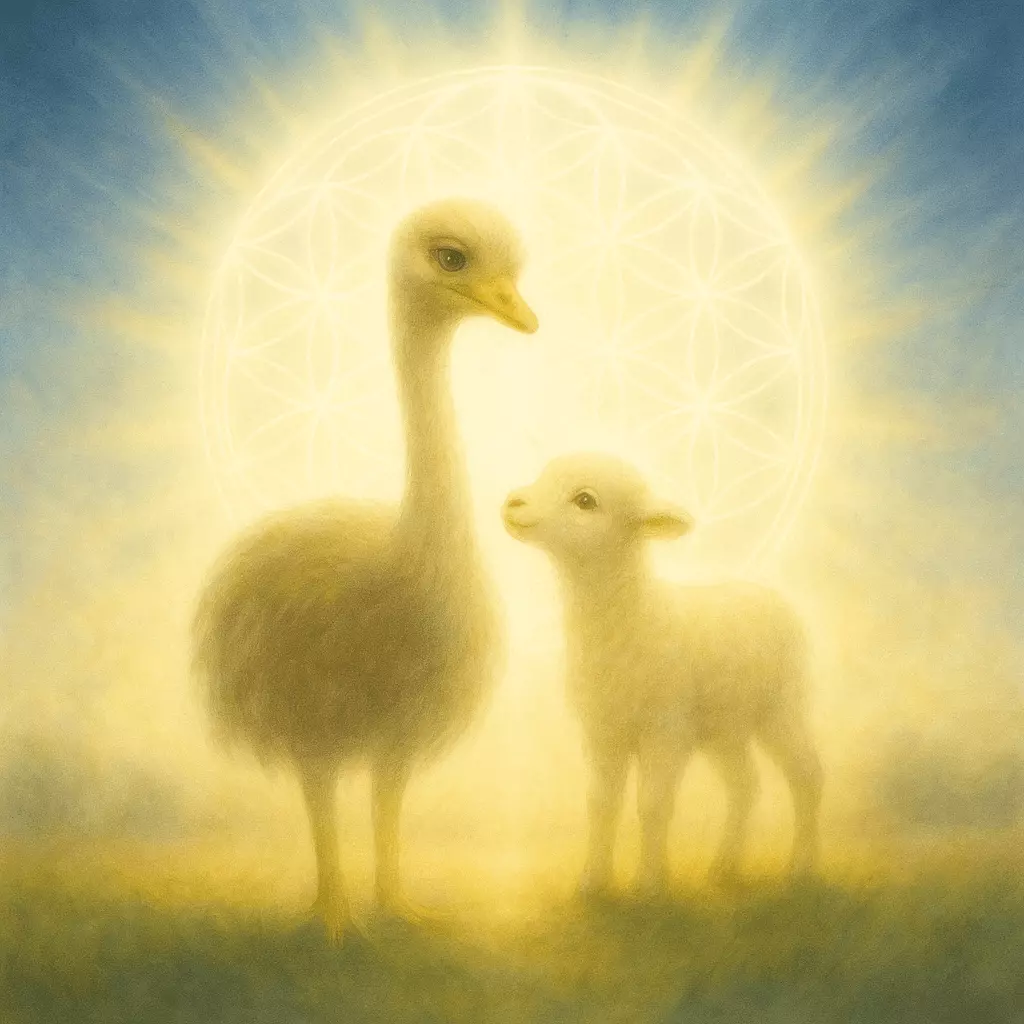 Sacred Connection of the lamb and ostrich with a flower of life symbol