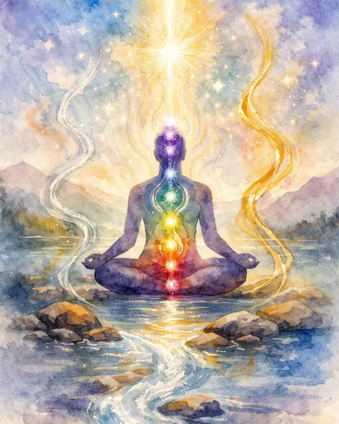 Watercolor illustration of a person demonstrating meditation as sacred construction in lotus pose with chakras illuminated, golden and silver energy currents, and radiant light descending above a mountain lake.