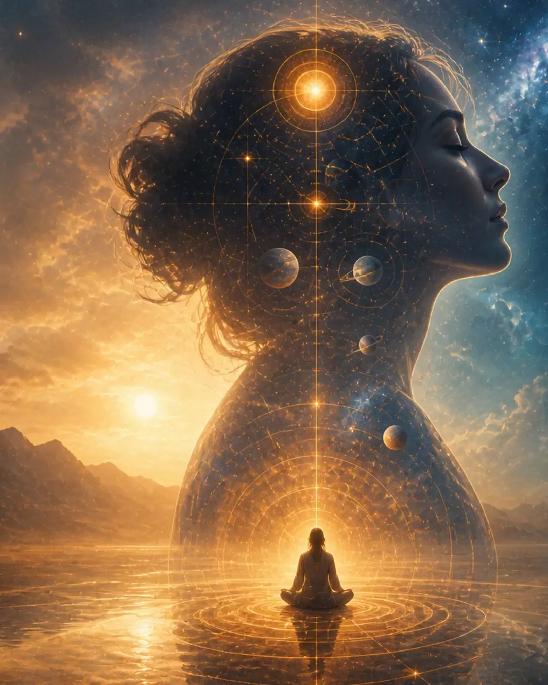 Astrology and awakening visual of a meditating figure aligned with astrological forces and celestial patterns.